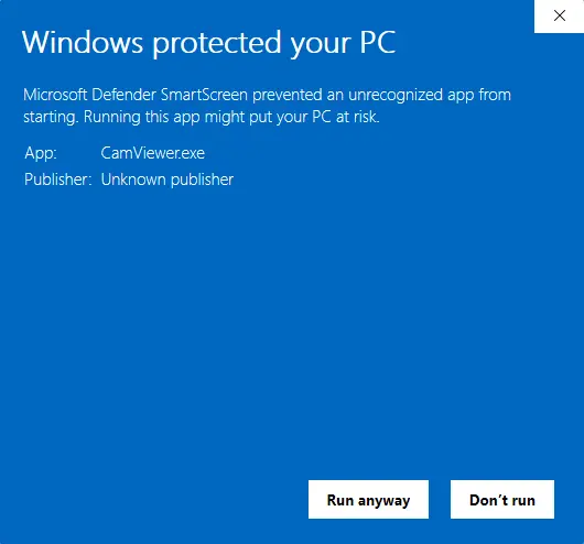 Camviewer - Windows protected your PC Run anyway